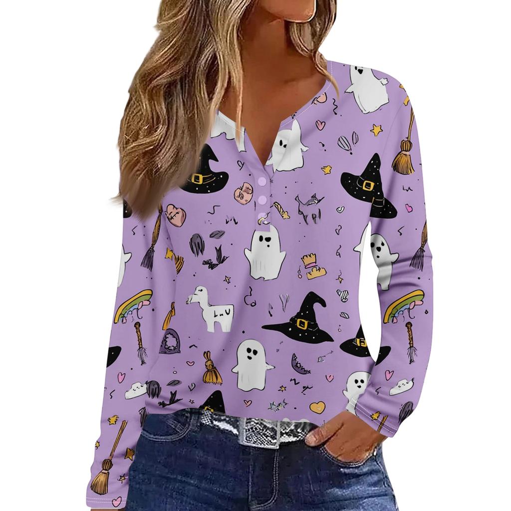 Women's Casual Long Sleeve V-Neck T-Shirt with Halloween Print and Decorative Buttons