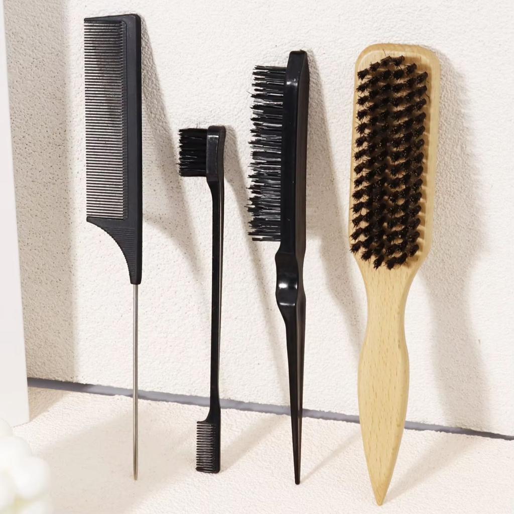 4-piece set of neutral hairstyle design tools - edge control brush and comb kit, used for combing and smoothing hair