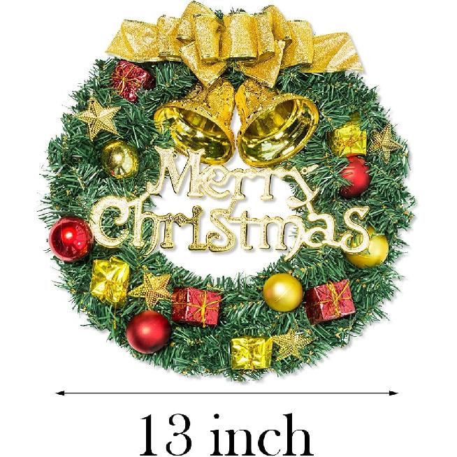 13 Inch Christmas Wreath, Artificial Pine Garland with Bowknot Bells Deer Red Berries Flower Gifts for Christmas Party Decor Front Door Wreath