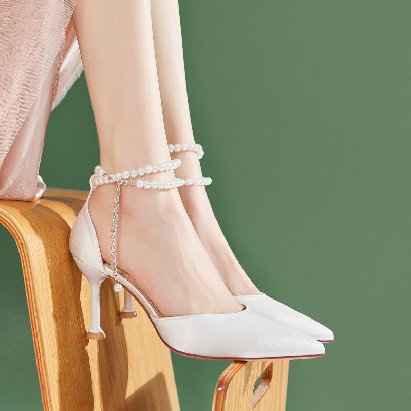 High Gloss Pearl Anti-Slip Adjustable Shoelace Wrap-Around Ankle High Heels