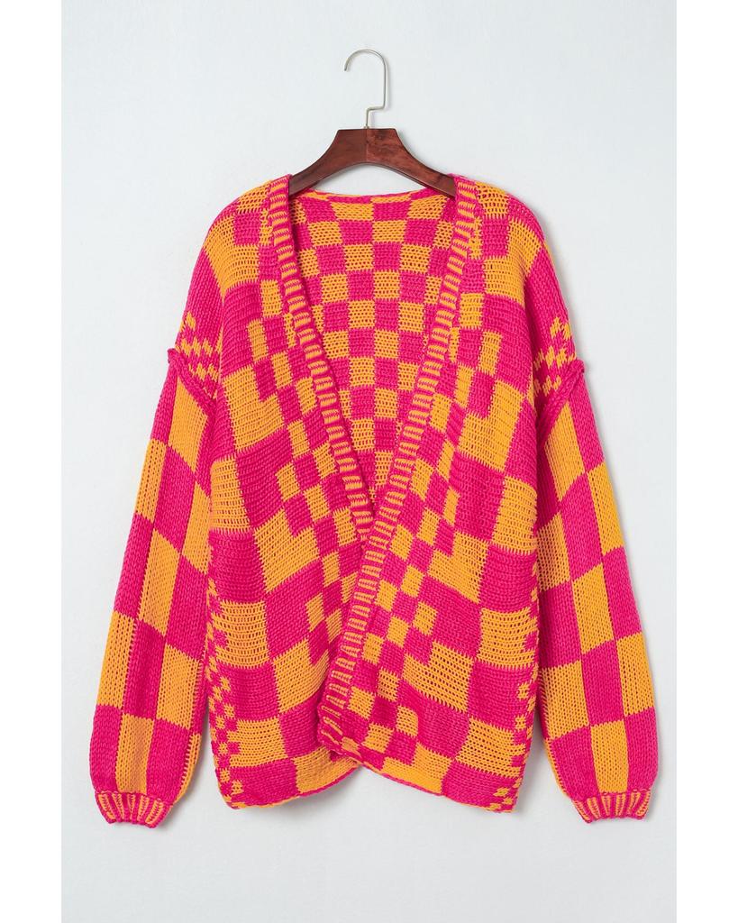 Azura Exchange Open Front Mixed Checkered Pattern Knit Cardigan