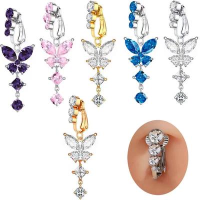 1 Stück Farbe Langer Hänge Bauchnabelring Bauchpiercing Nombril 14G Sexy Gebogener Bauchnabelring Blume Kristall Zirkon Körper Zirkon