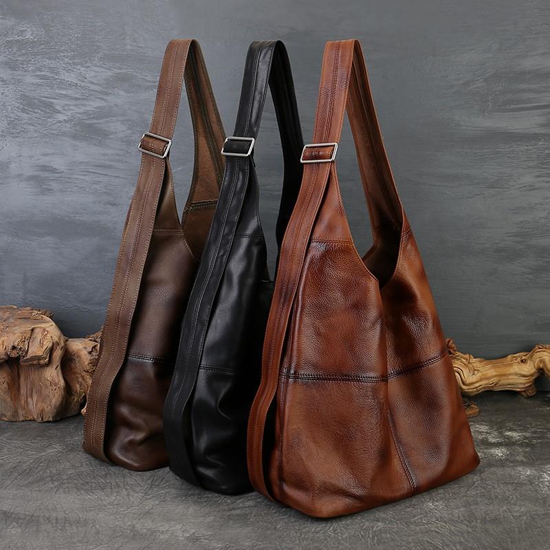 Johnature Large Capacity Genuine Leather Tote Bag Vintage Soft Cowhide Personalized Wide Shoulder Strap Shoulder Bag