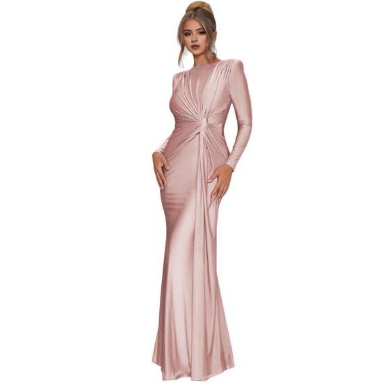 Women Evening Dress Slim Fit Round Neck Back Zipper Pleated Knot Decor S