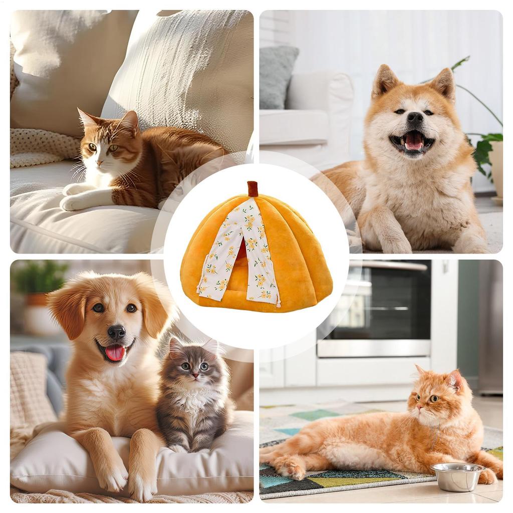 Cat Cave Plush Washable With Removable Pad Pumpkin Enclosed Cat Bed With Door Drape For Calming Sleeping Winter Kitten Small Dog