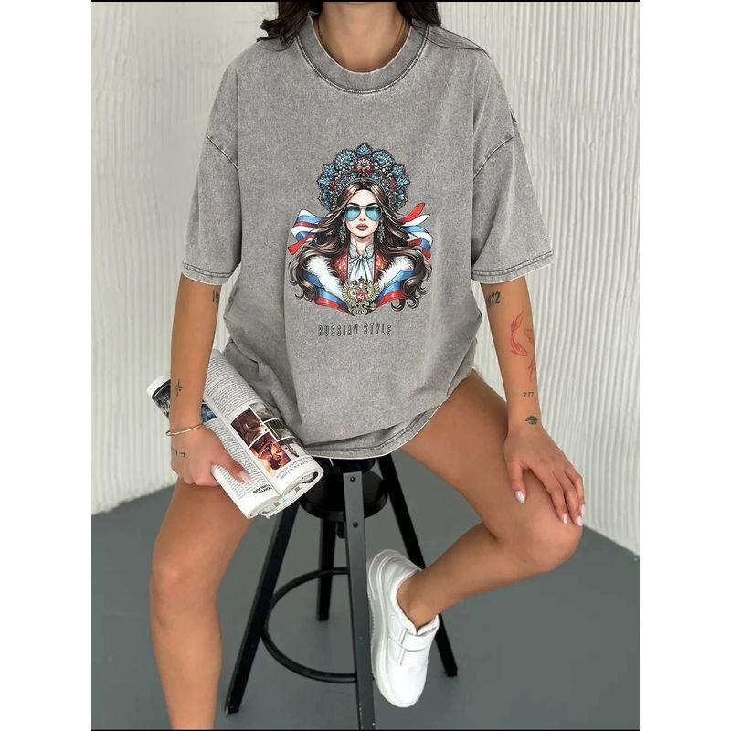 Fashion Printed Crewt-Shirt European and American Fashion Casual Washed Distressed Print Short Sleeve Cotton T-shirt