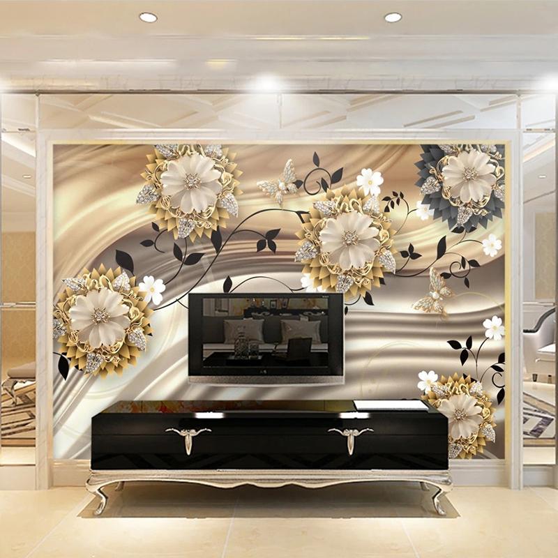 Custom Mural Wallpaper European Style Luxury 3D Stereo Jewelry Flower Silk Wall Paper Living Room TV Sofa Bedroom 3D Home Decor