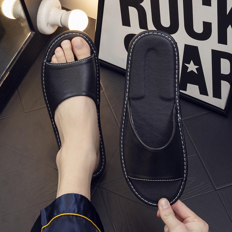 Fashion Men's Slippers High Quality Cow Leather Slippers Summer Open Toe Slipper Fashion Casual Beach Slides Comfort Couple Home Slipper