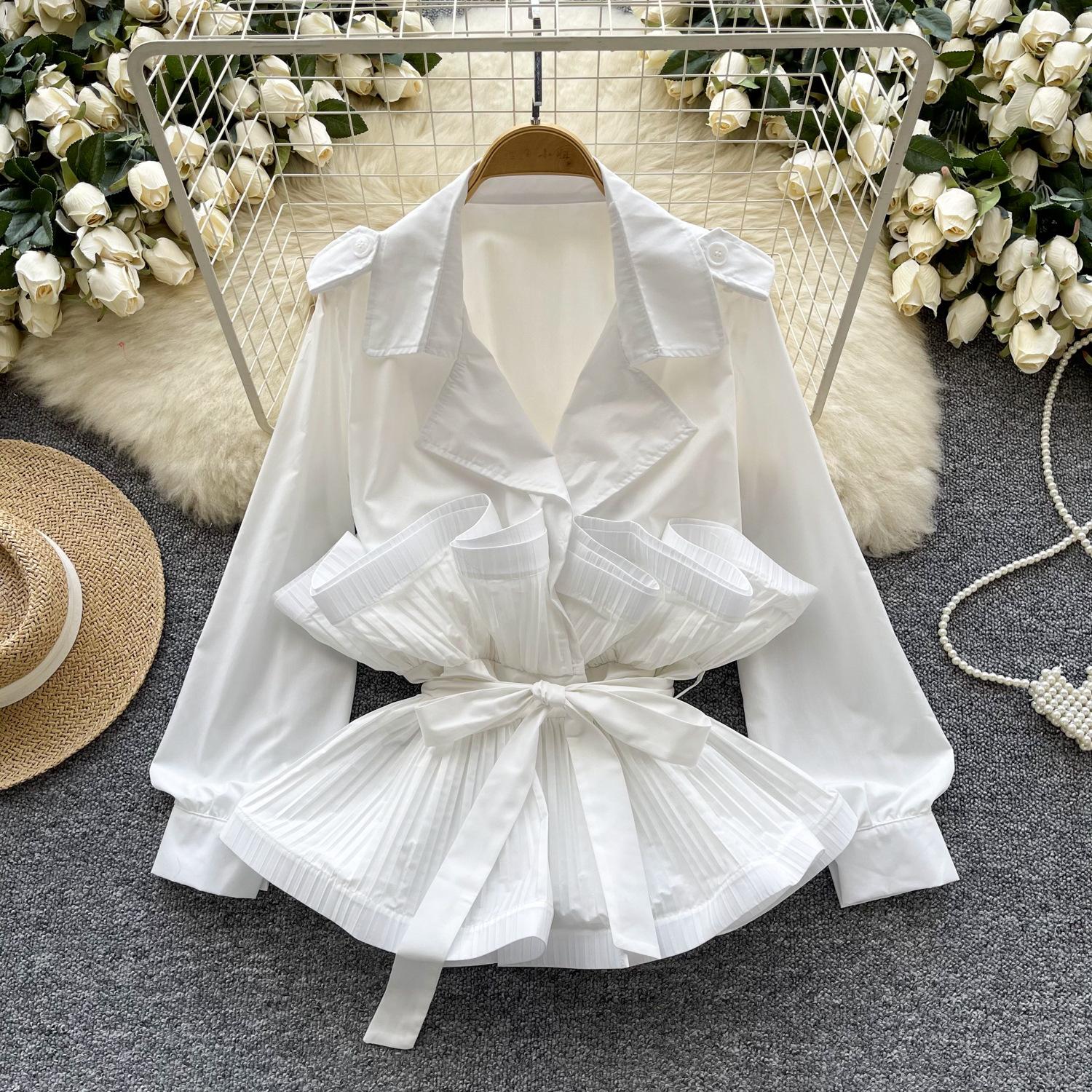 

Стиль дочери в стиле легкой роскоши, высококлассная рубашка с воротником-костюмом, женская осенняя куртка с дизайном талии на ремешке и краем в виде лепестков лотоса One size белый