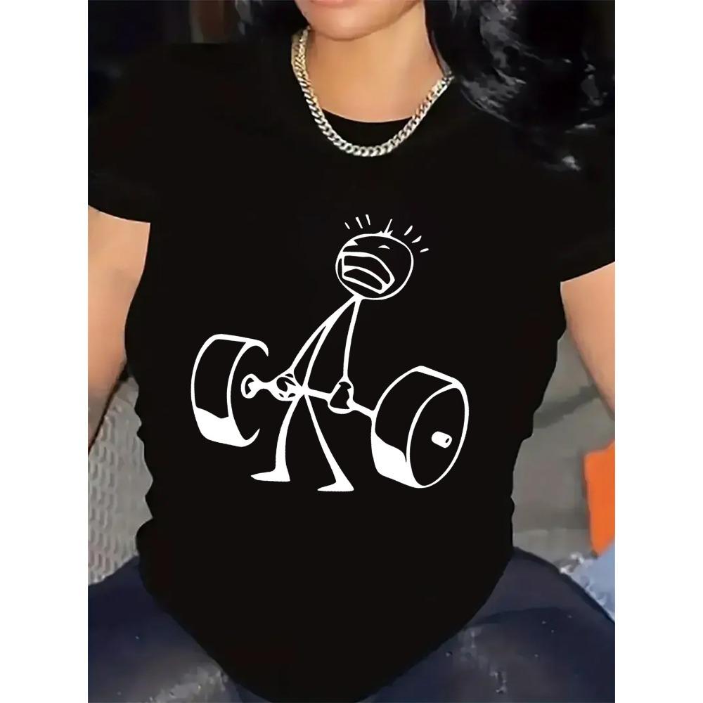 Dumbbell Graphic Print Tee Gym Casual Wear Summer Short Sleeved Harajuku Streetwear Tops Women Clothing