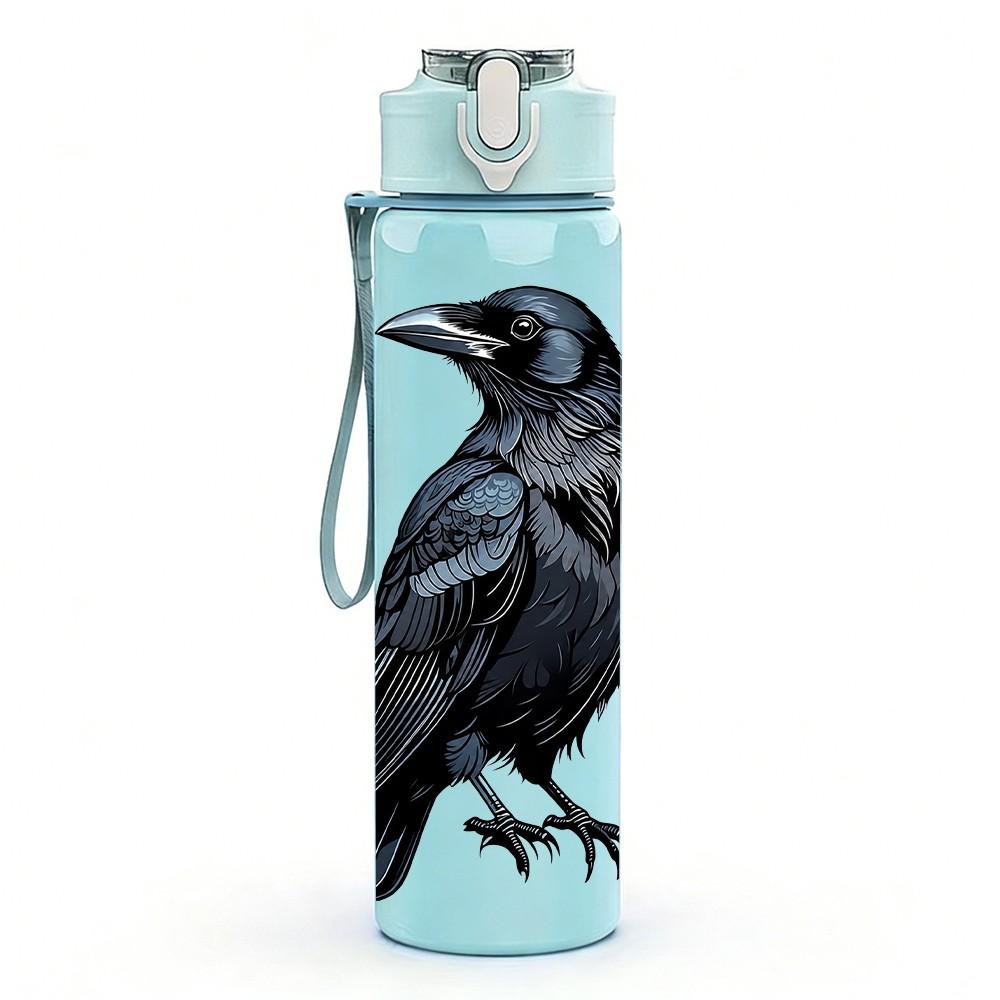 1PC Black Raven Bird Dark Pattern 750ml Color Plastic Sports Water Bottle Leakproof Flip Straw Lid Suitable for Sports Office Home Use