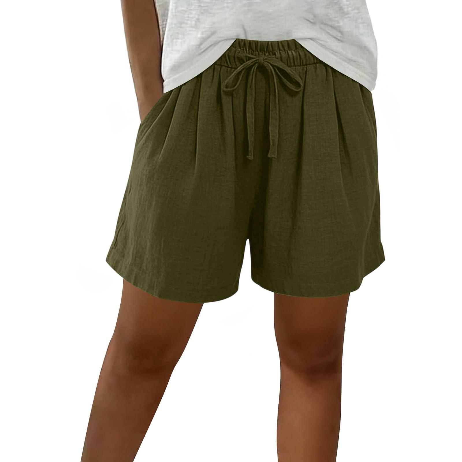 

Women Drawstring Waist Cotton Linen Shorts with Pockets Casual Loose Fit Summer Beach Shorts with Back Pocket XXXL зелений