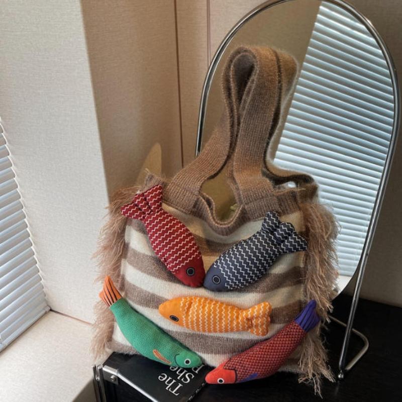 Cute Little Fish Knitted Tote Bag Summer Breathable Lightweight Versatile Commuter Shoulder Bag for Family Weekend Trips