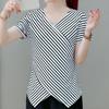 Fashion Casual Women Short Sleeve Irregular Shirt V Neck Stripe Tops Blouse