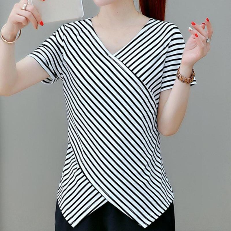 Fashion Casual Women Short Sleeve Irregular Shirt V Neck Stripe Tops Blouse