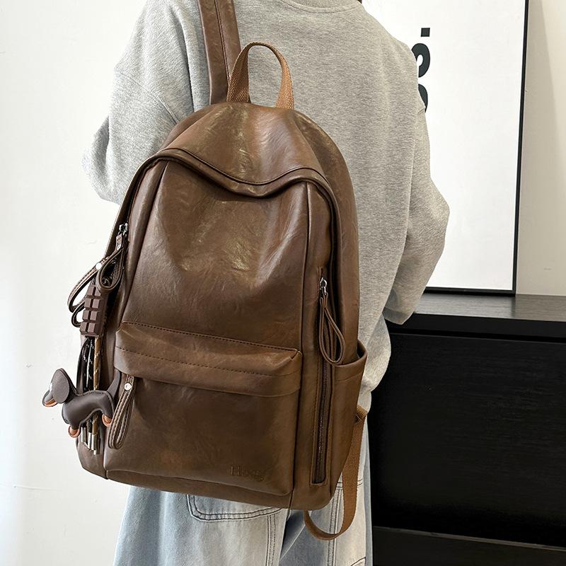 Schoolbag Retro Leather Backpack Female Simple High School College Student Schoolbag Large Capacity Leisure Commuter Travel Computer Backpack