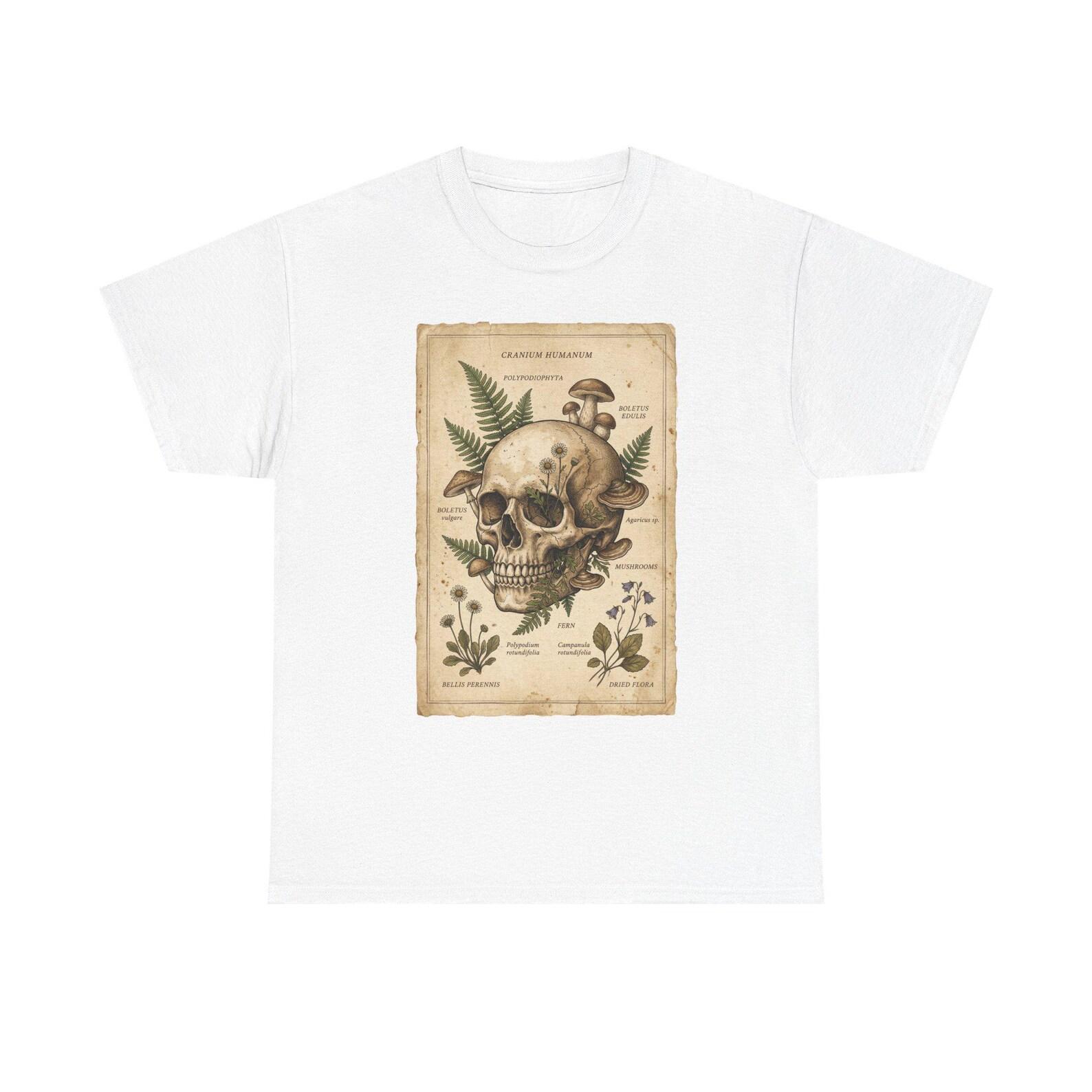 Vintage Botanical Skull Tee | Floral Anatomy Illustration, Mushroom and Fern Print L