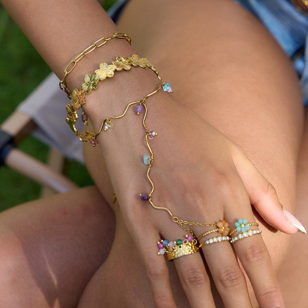 Zora Women's Vacation Style Colorful Natural Stone Crystal Finger Bracelet Gold Plated Stainless Steel Fine Jewelry