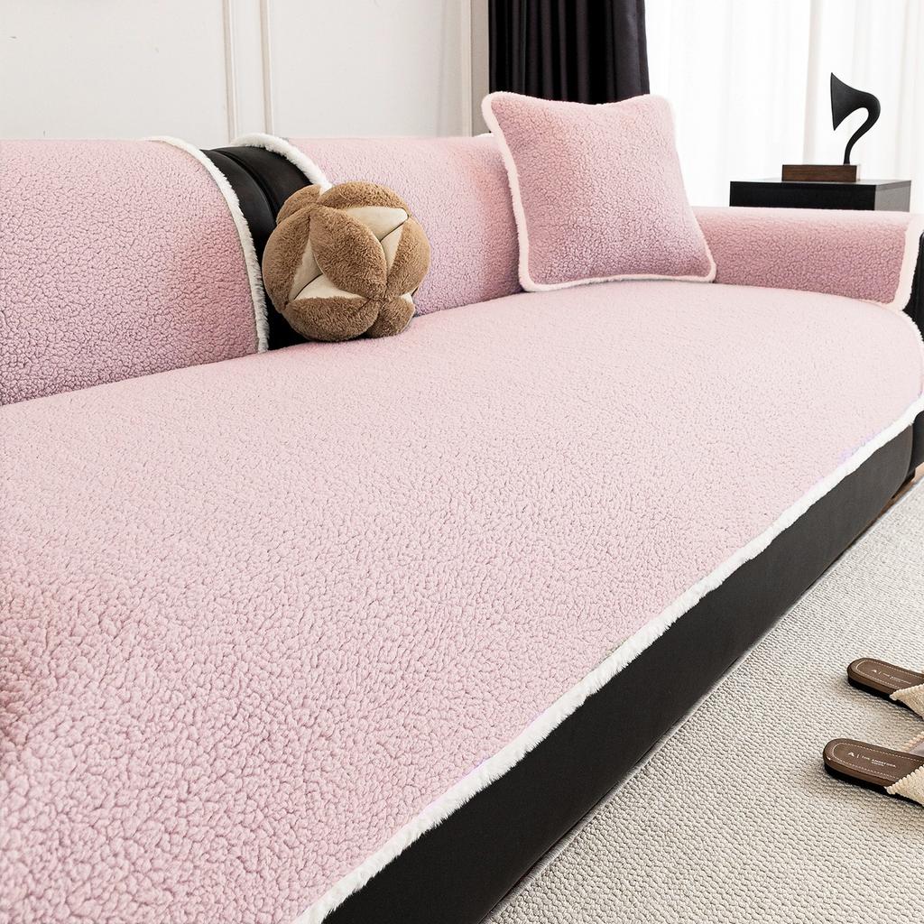 Warm Solid Sherpa Fleece Sofa Cover with Fluffy Binding, Non-slip Soft Sofa Towel Couch Cover For Living Room Winter Home Decor