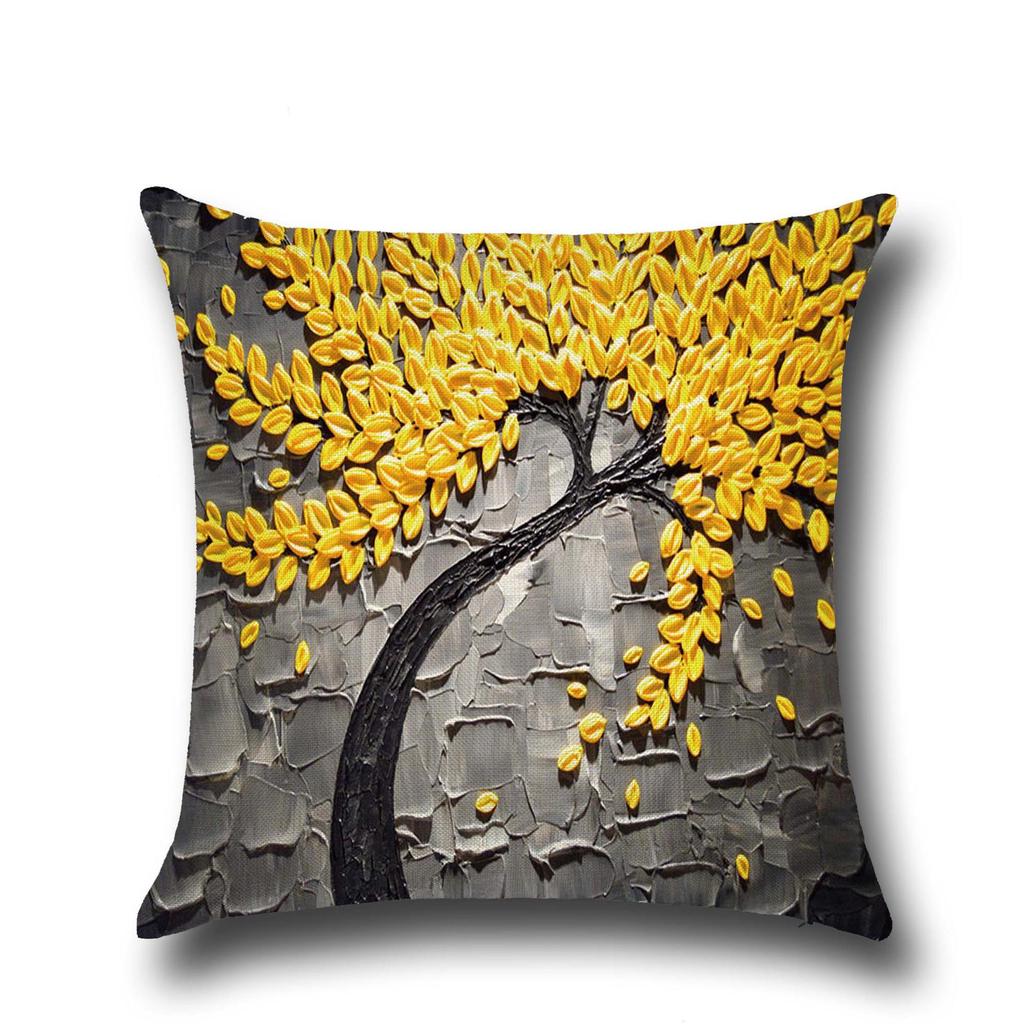 Three-dimensional Oil Painting Trees Flowers Cotton Linen Cushion Pillow Case Car Waist Cushion Cover