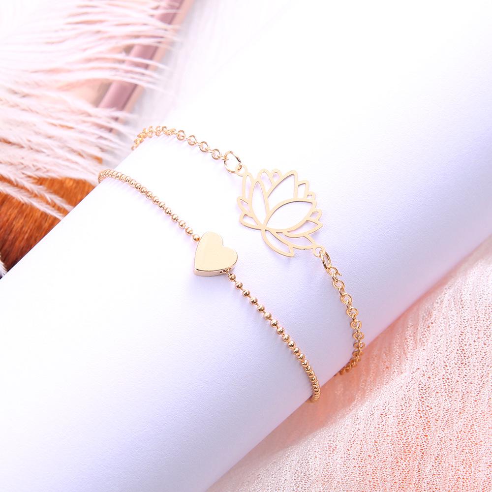 European & American Women's Hollow Lotus Heart Bangle Set - 2-Piece Bracelet