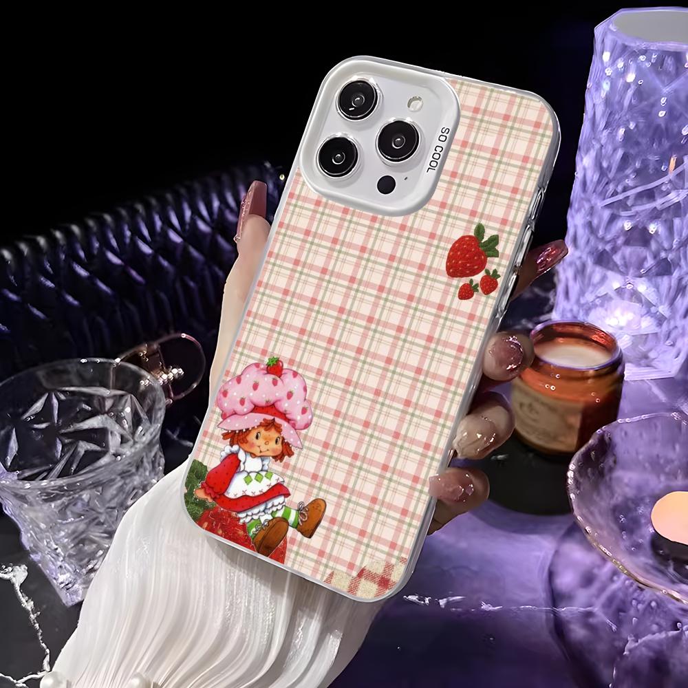 Pink Strawberry Cartoon S-Shortcake Phone Case For iPhone 16 15 14 13 12 11 Pro Max White Matte Laser Metallic Aurora Funda