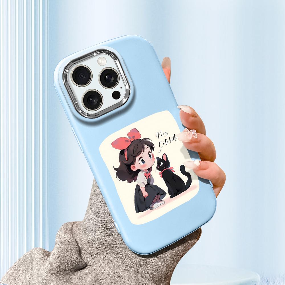 For iPhone 15 14 13 11ProMax 14 15 16 Samsung S25 S24 S23 S22 Redmi 10 13 14C Cartoon Black Cat Silver Edge Soft Liquid Silicone Protective Casing