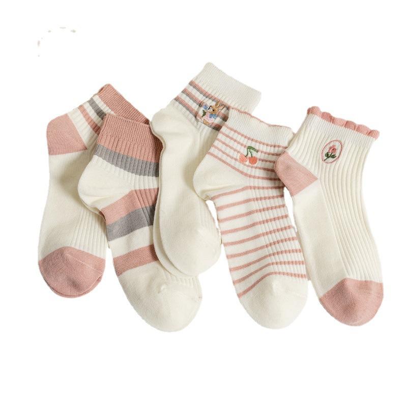 5/10 Pairs Casual Spring Summer Socks for Children Short Cuff Fresh Striped Color Block Boat Socks Academic Style Cute Embroidered Floral Socks