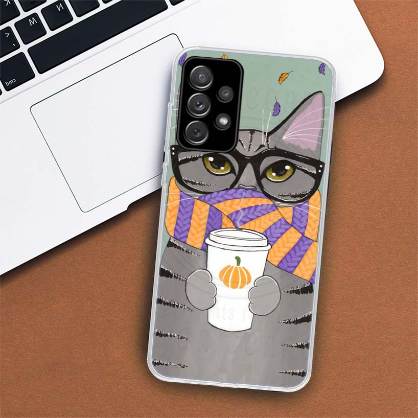 Latte Kávový Mléčný Nápoj Kočka Pouzdro na Telefon Pro Samsung Galaxy A53 A52 A73 A72 A12 5G A13 A22 A23 A32 A33 A02S A03S A42 A43 A50S Coqu