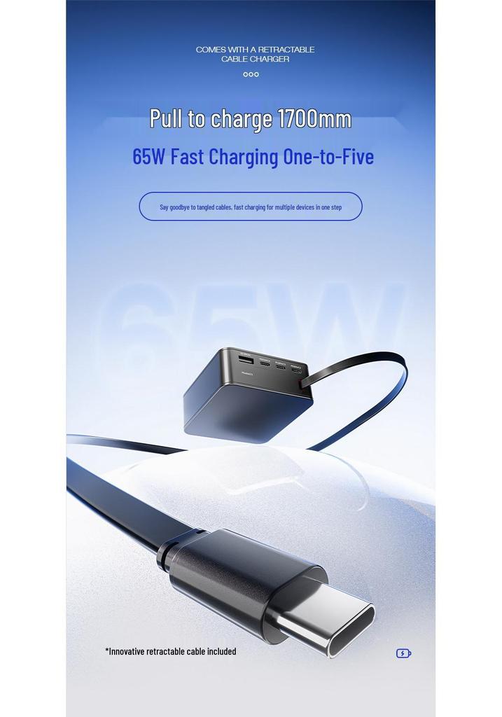 GaN Multi-Port Fast Charger with Retractable Cable for Huawei, Apple & Android Devices.