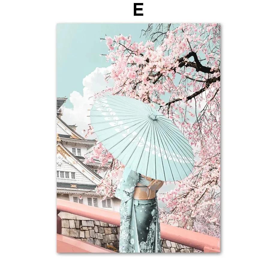 Mount Fuji Sakura Umbrella Japanese Girl Canvas Painting Wall Art Nordic Posters And Prints Pictures For Living Room Decor