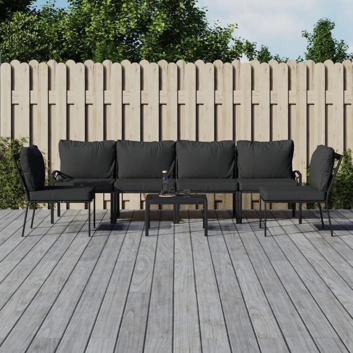 VidaXL Salon de jardin 7 pcs avec coussins gris bambou acier, ensemble de salon extérieur, ensemble de mobilier d'extérieur, 3187949