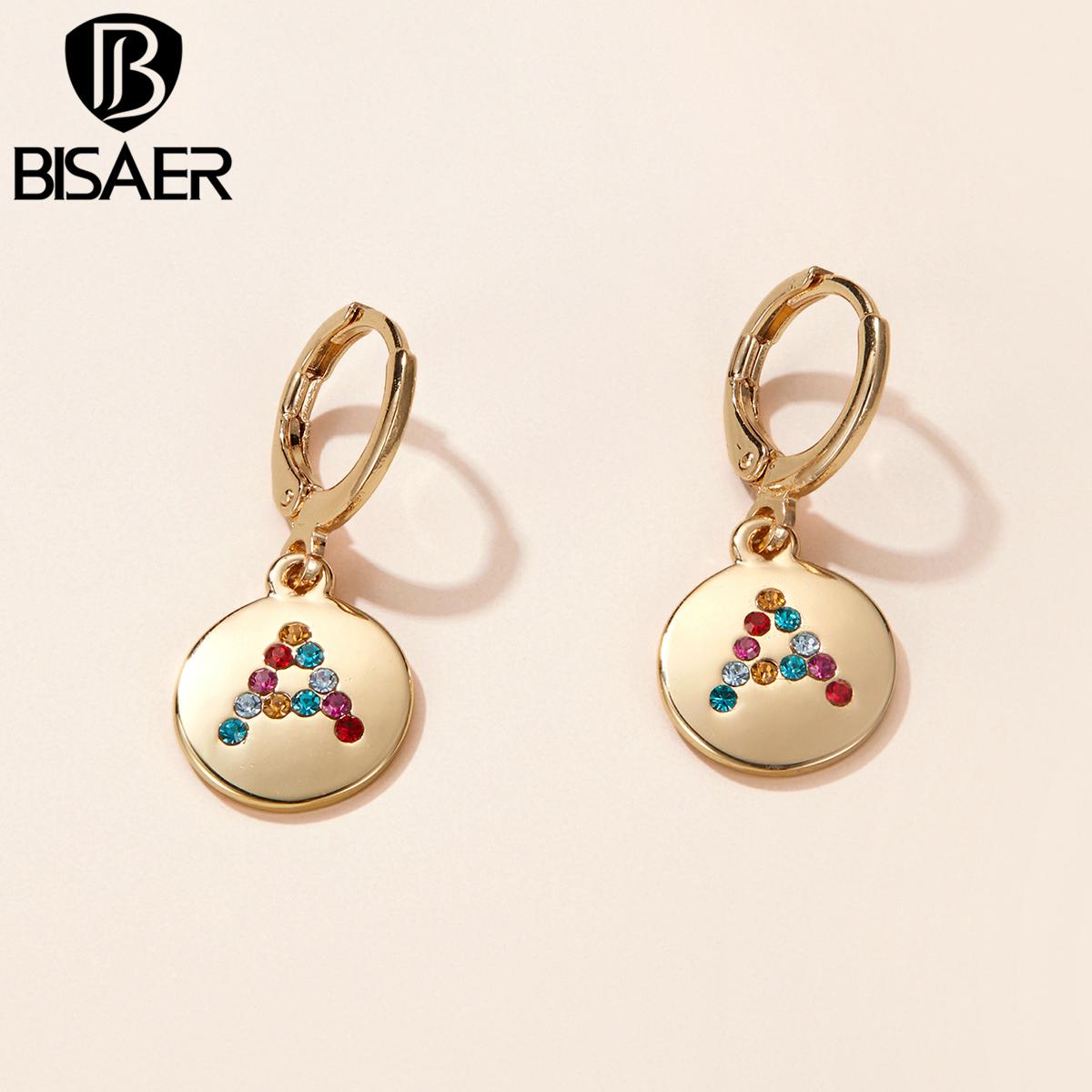 

BISAER яркие красочные серьги-гвоздики со стразами и алфавитом круглой формы для женщин, простые ювелирные изделия colored