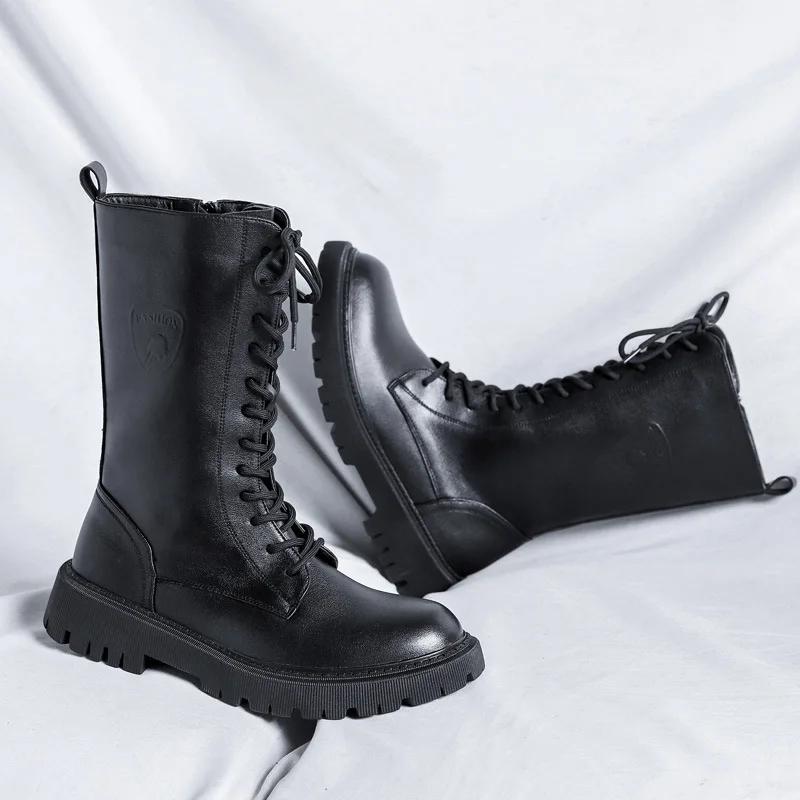 Men's High-Top Genuine Leather Boots British Style Casual Riding Boots Fashionable Motorcycle Boots Thick Sole Zipper Work Shoes