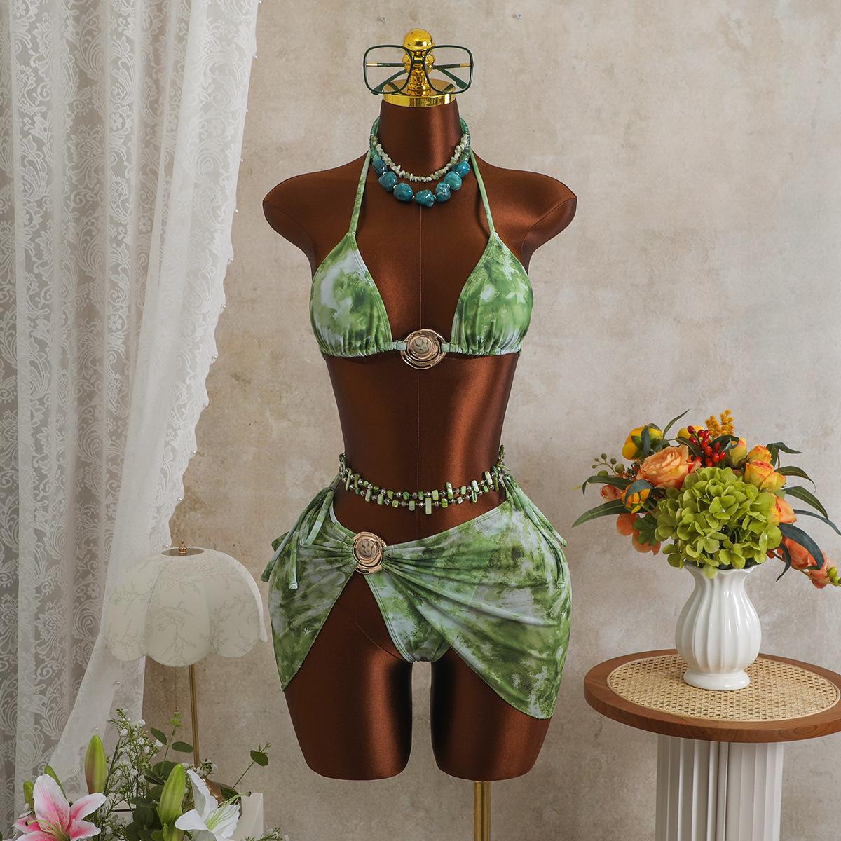 European and American sexy tie-dye mesh three-piece swimsuit vacation neck strap bikini bikini XS