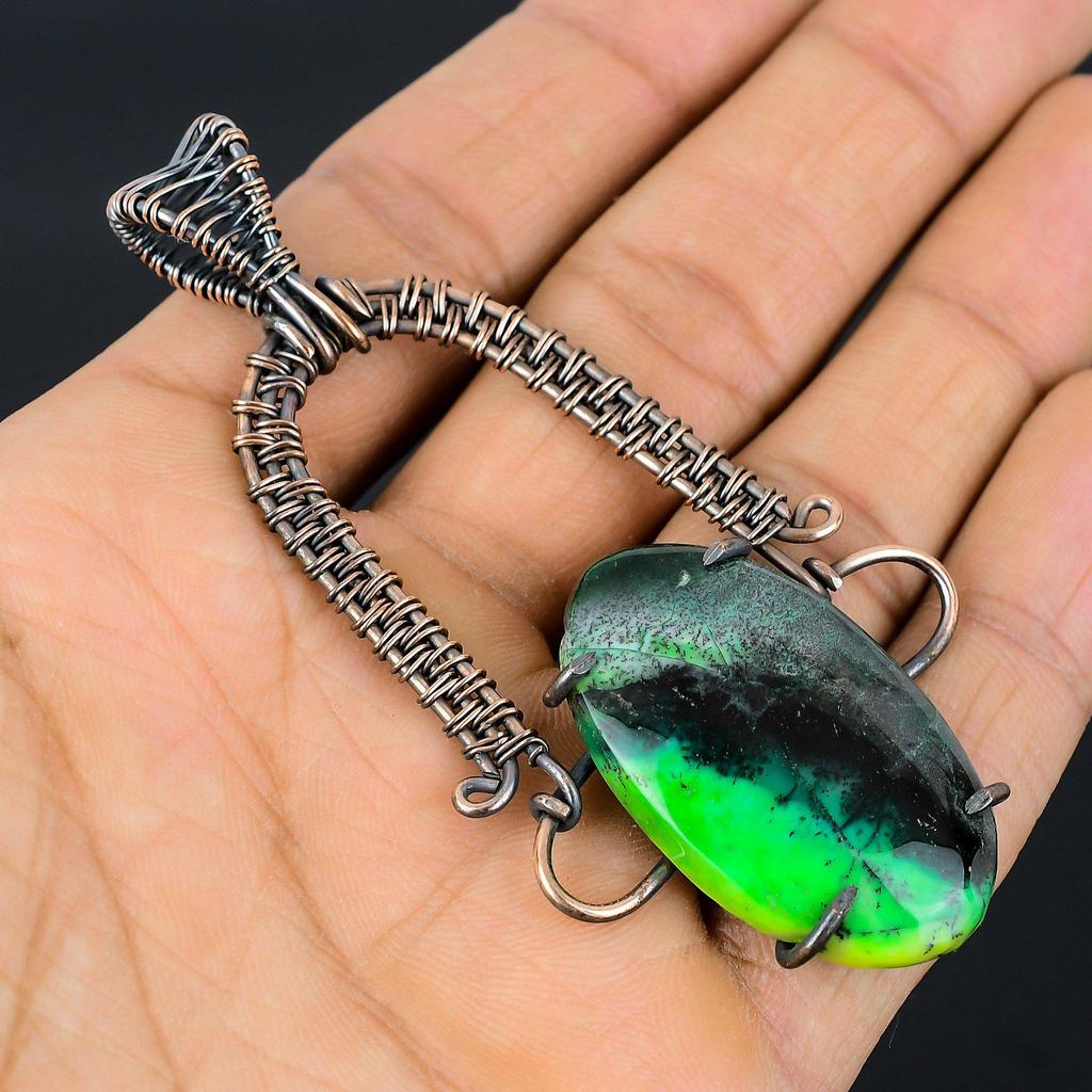 Anhänger aus grünem Dendritenopal, umwickelt mit 999er Kupferdraht, handgefertigter Edelsteinanhänger, Geschenk für die Ehefrau, Neuware