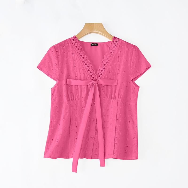 VONDA Women V Neck Short Sleeve Embroidery Buttons Up Crochet Lace Casual Blouse