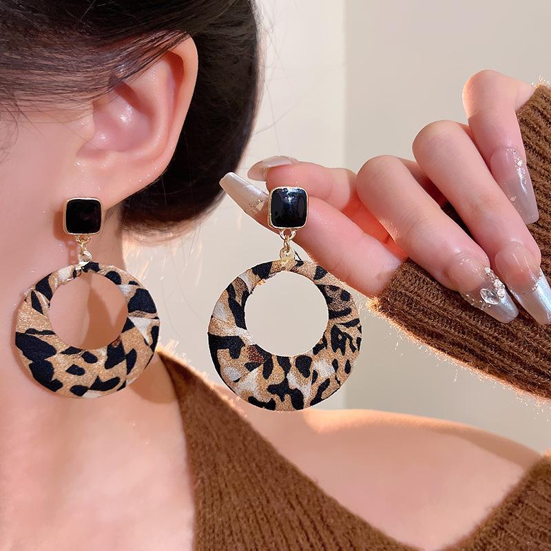 Geometric Leopard Print Hoop Earrings with Retro Fabric Wrap
