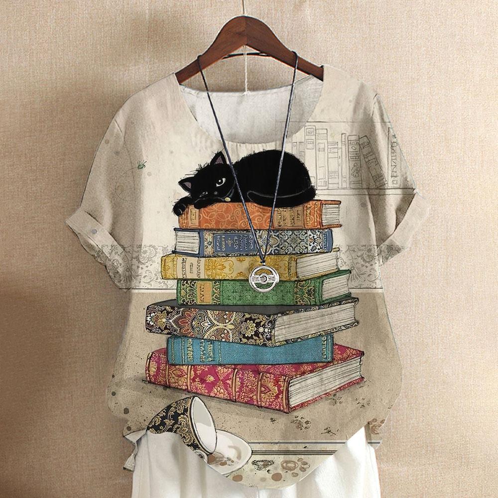 Maglietta da donna con gatto dei cartoni animati, camicetta Harajuku, scollo a V, manica corta, oversize, casual, pullover, estate, magliette carine, abbigliamento femminile