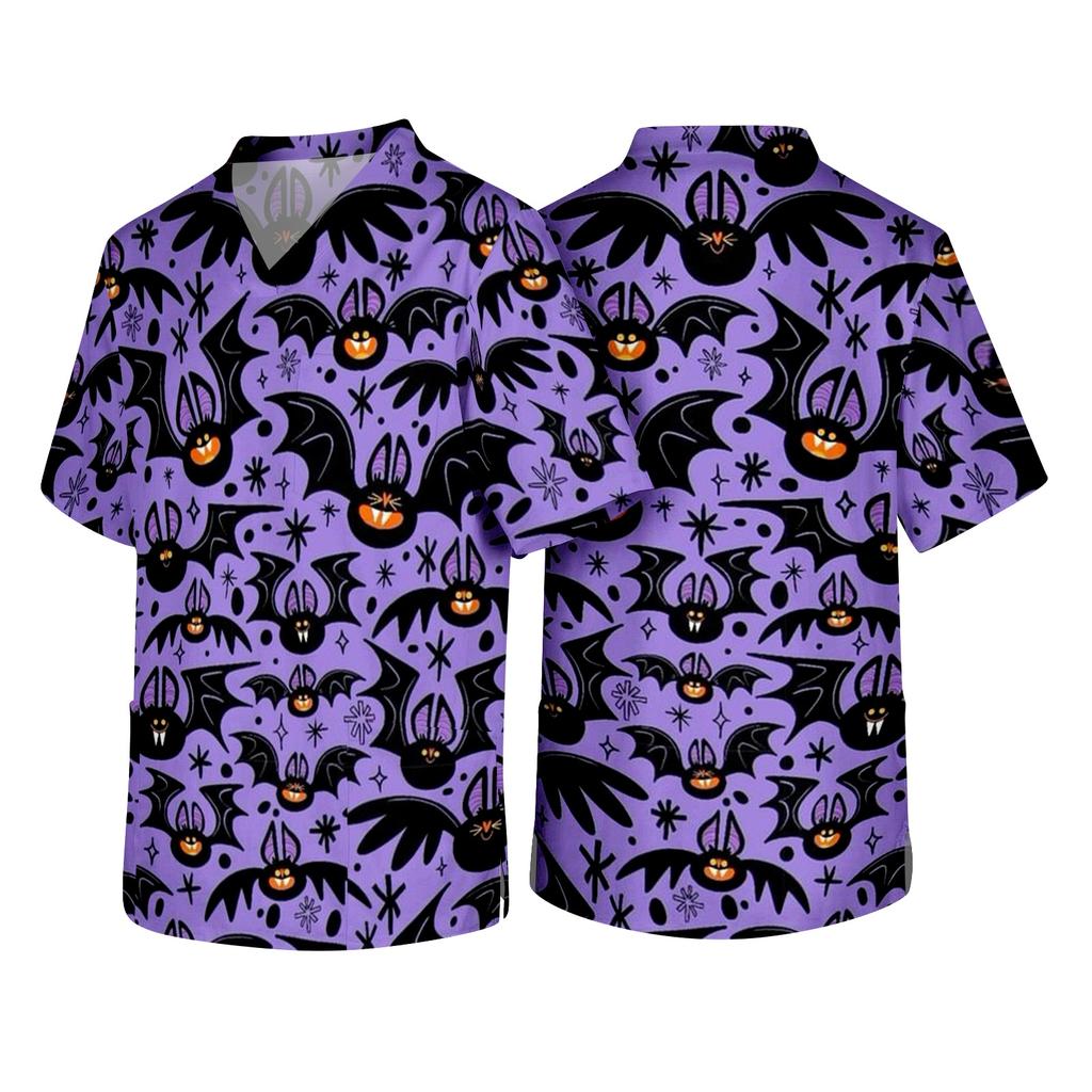 Men's Halloween Print V Neck Medical Scrub Top with Chest Pocket Short Sleeve Lightweight Comfortable Work Shirt for Healthcare Professionals