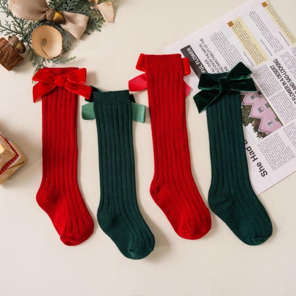 Cotton Baby Knee High Long Sock Sweet Bow Middle Tube Socks New Kids Red Socks  Christmas Gifts