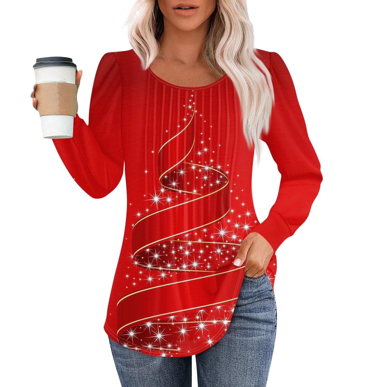 

Женская модная повседневная плиссированная футболка с круглым вырезом и рождественским принтом с длинными рукавами S винный