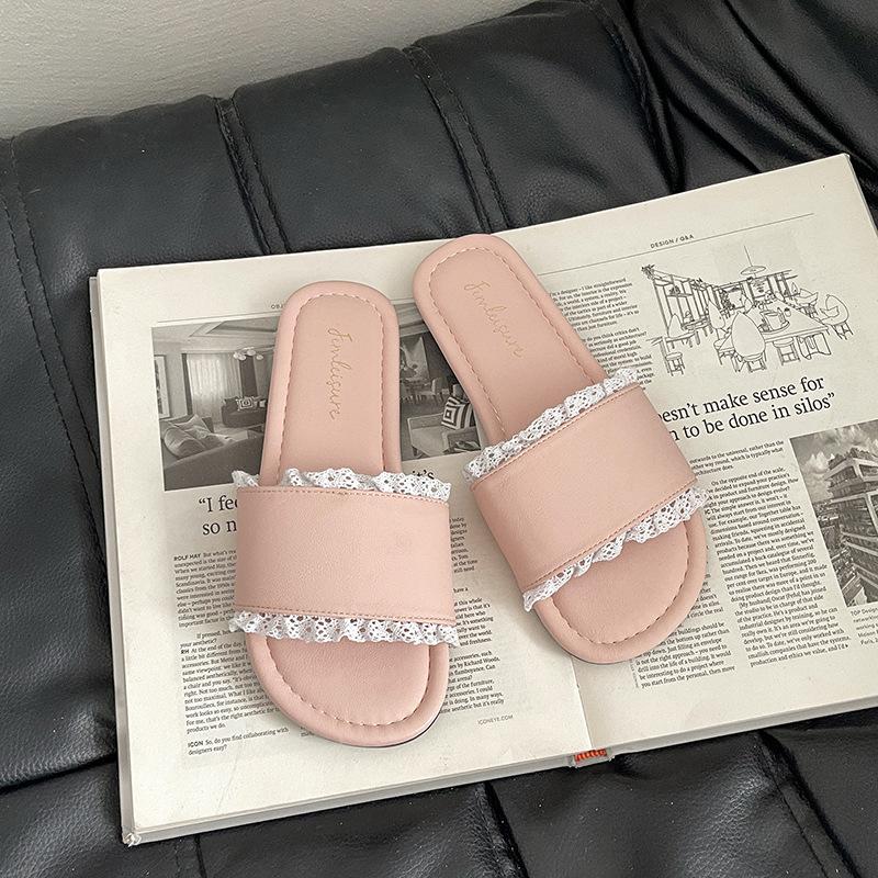 French Beautiful Lace Edge Slippers Women's 2025 Summer New Wear Beach Sandals Non-slip Home Slippers