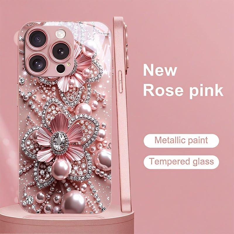Pink Pearl Diamond Floral Pattern Pink Metallic Glass Phone Case For iPhone 17 Pro Max 11 12 13 14 15 16 Plus 17Air 16E Cover