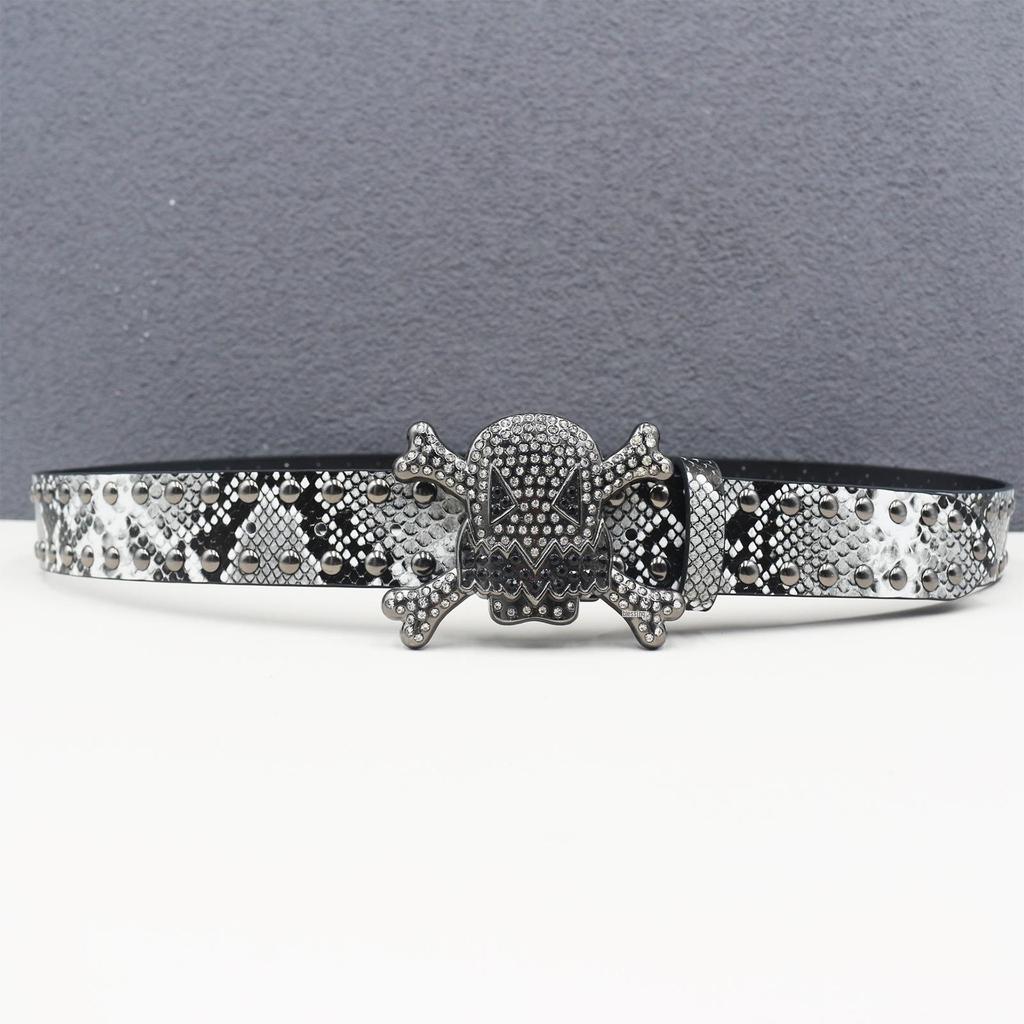 Unisex Y2K Rhinestone Skull Punk Belt with Rivet and Python Skin Design