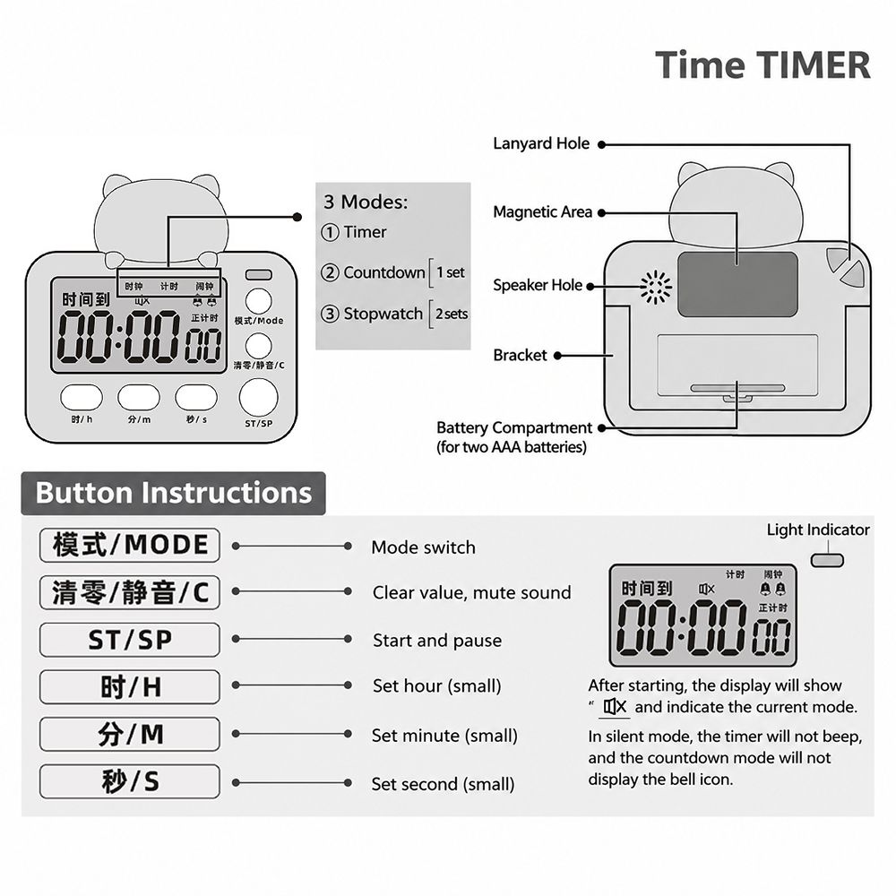 Foldable Stand Digital Timer Tiger Countdown Clock New Cartoon Animal Timer For Students