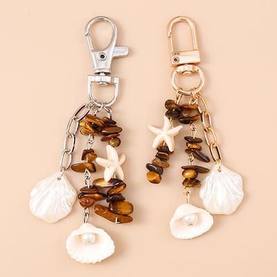 Fashion Summer Beach Starfish Shell Keychain Colorful Stone Key Ring Pendants for Women Girls Handbag Decor DIY Jewelry Gifts