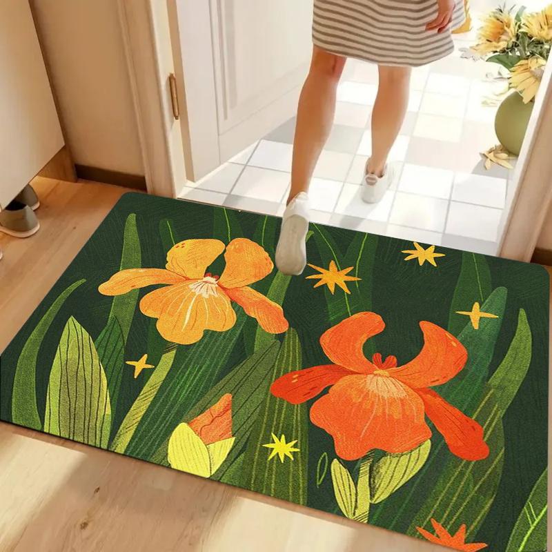 

Dark Green Iris Flower Pattern Entrance Doormat Non-slip Absorbent Welcome Mat Home Decorative Carpet For Living Room Bedroom 40cm x 60cm