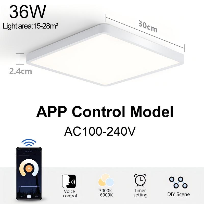 Tuya LED Ceiling Light 0.94Inch Ultra thin 36W Square Voice Control Alexa Smart Lamp For Kitchen Bedroom Living Room Indoor Lamp White-App control