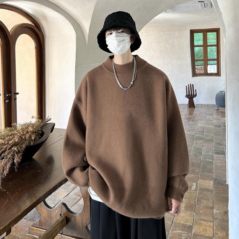 Men's Trendy Loose Round Neck Sweater - Spring/Autumn Solid Color Knitwear, Hong Kong Style Casual Outerwear